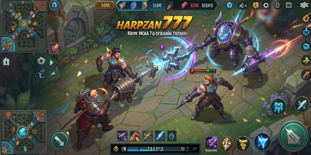 Tangkapan layar gameplay HARAPAN777 menampilkan pertarungan MOBA yang mengasyikkan.