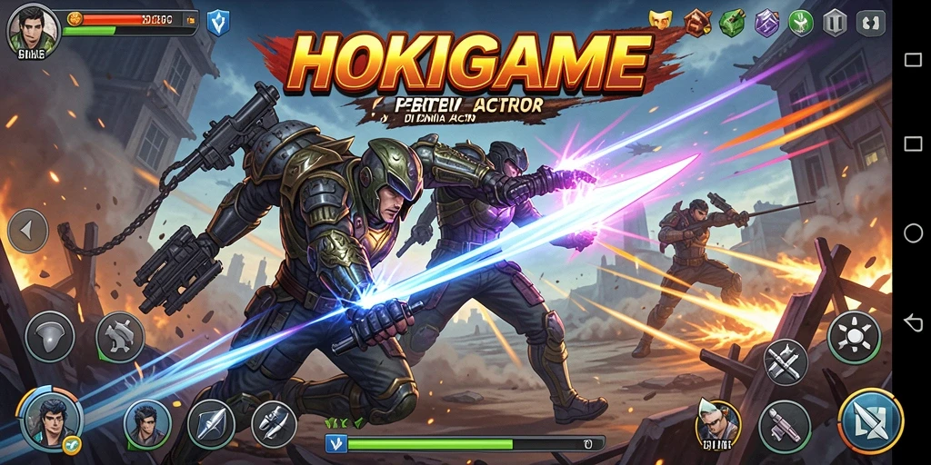 Screenshot HOKIGAME menampilkan pertempuran seru dengan berbagai aksi dramatis.