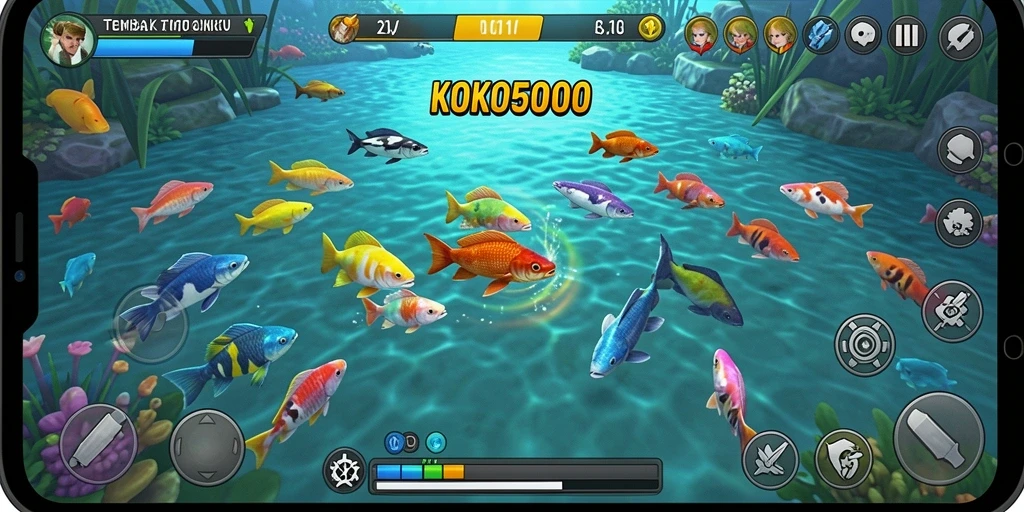 Gameplay KOKO5000 dengan aksi menembak ikan yang seru.