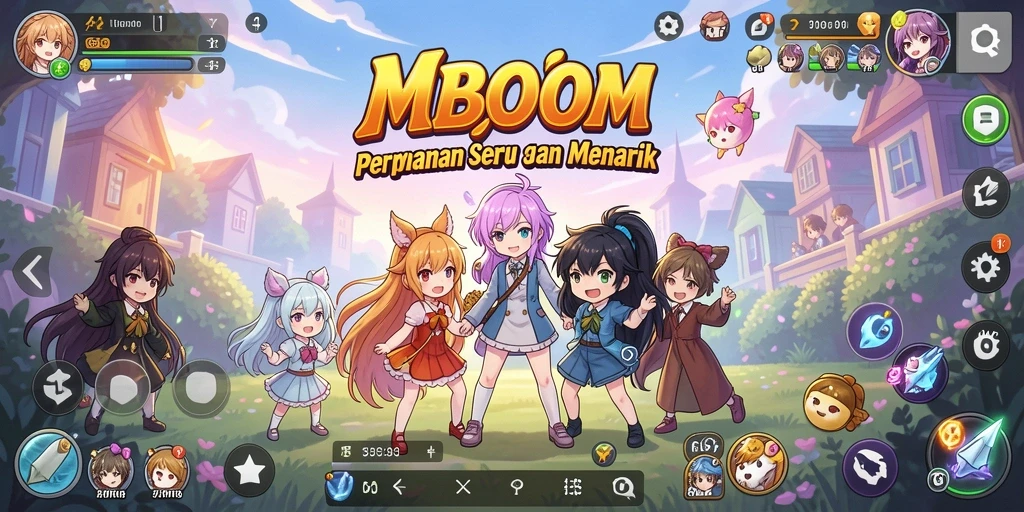 Screenshot gameplay MBOOM menampilkan pertarungan karakter anime.