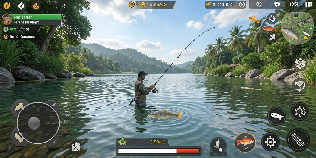 Screenshot tampilan gameplay S9S9 menampilkan aktivitas memancing yang seru.